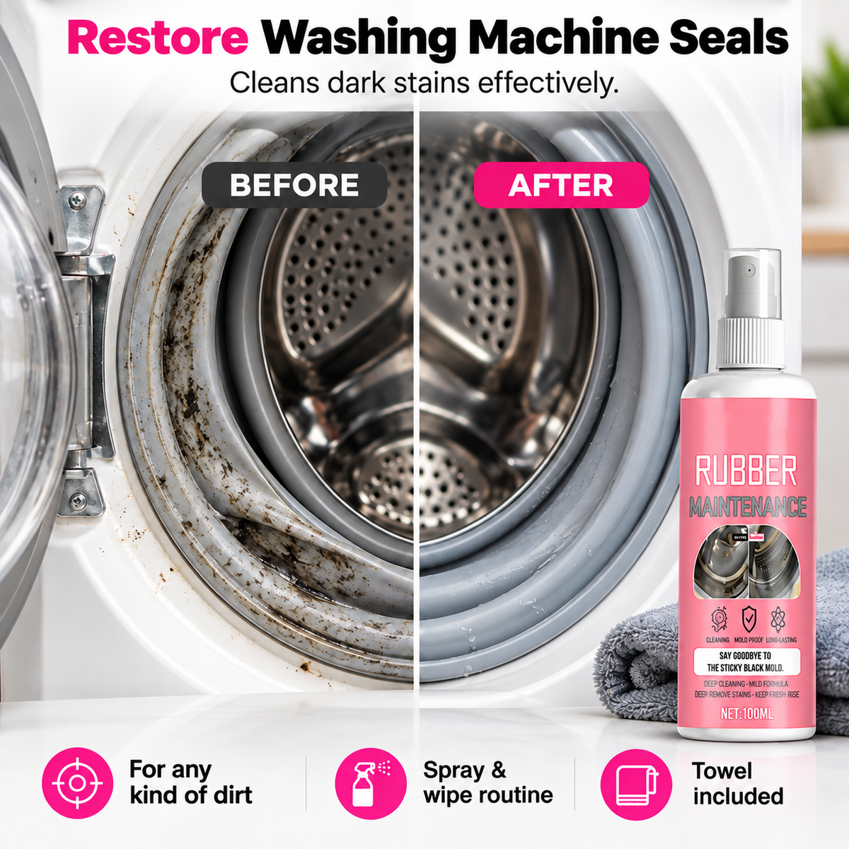 Product listing illustration comparing a stained and clean-looking washing-machine seal